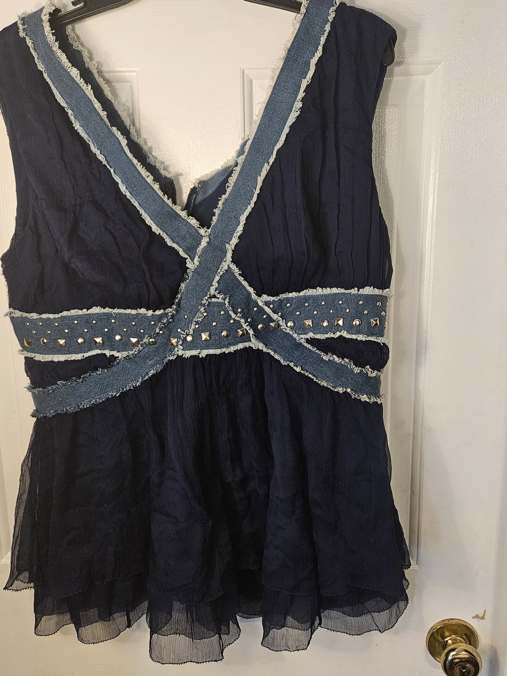 Randolph Duke Navy Sleeveless V-Neck Camisole with Denim Trim